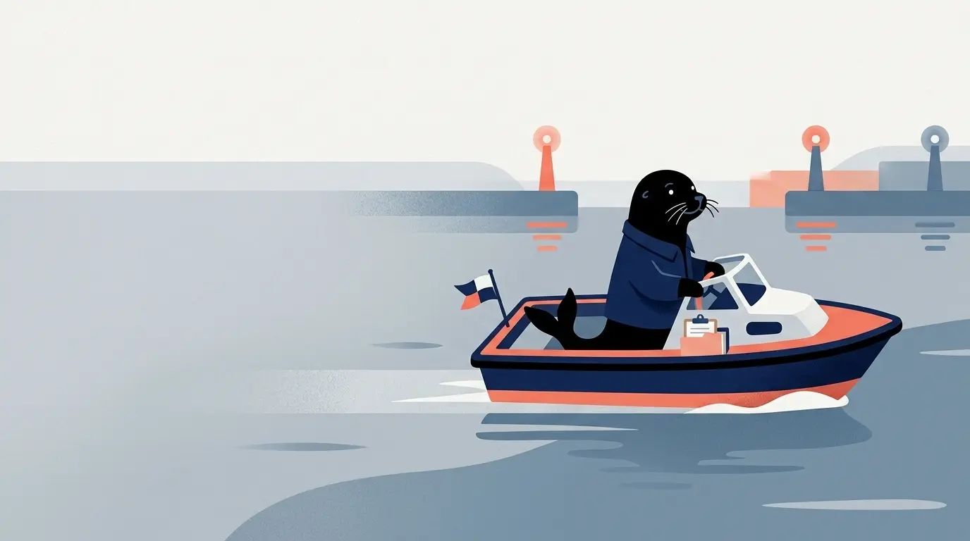 Harbor's seal mascot riding a small, fast boat