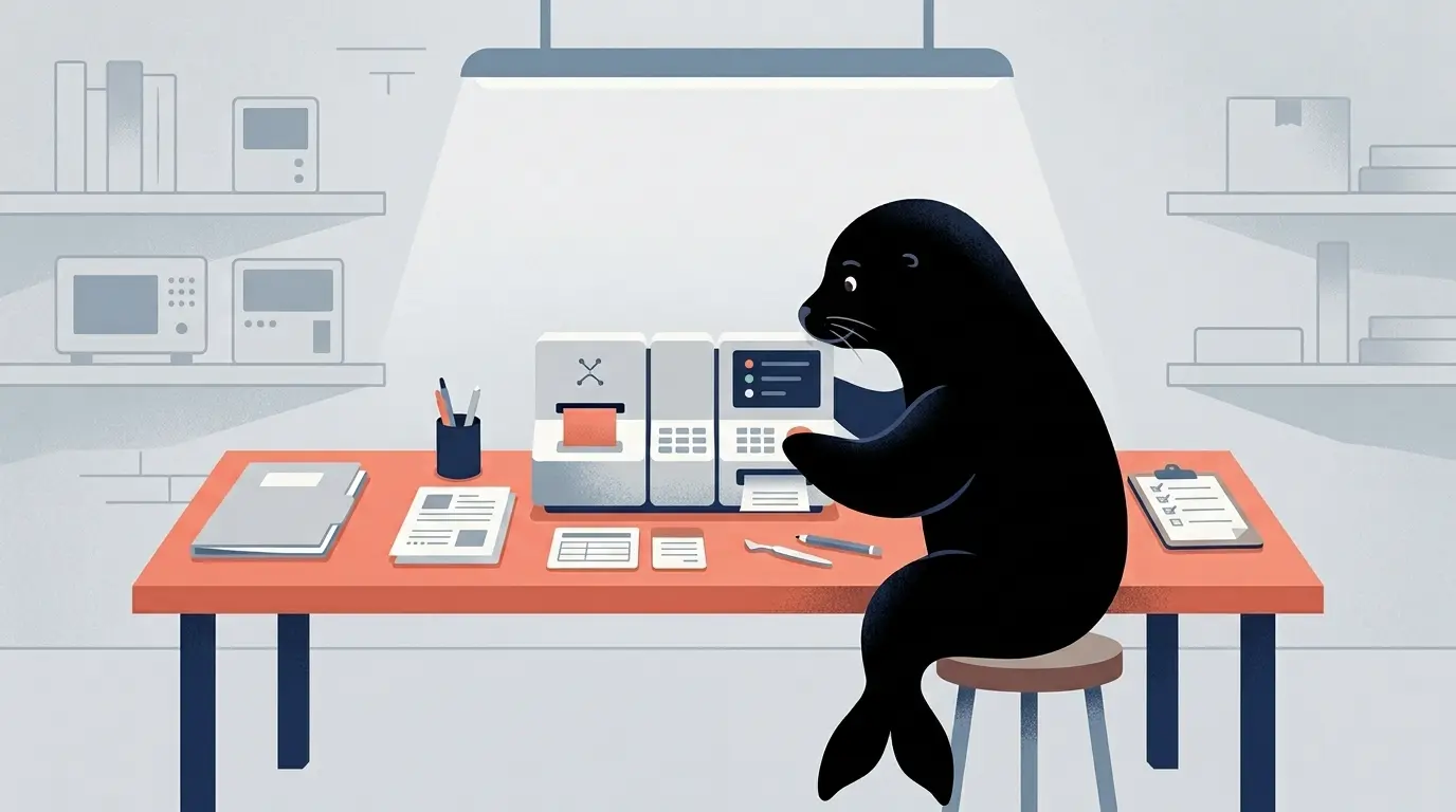 Harbor's seal mascot building a clinical study machine at a workbench