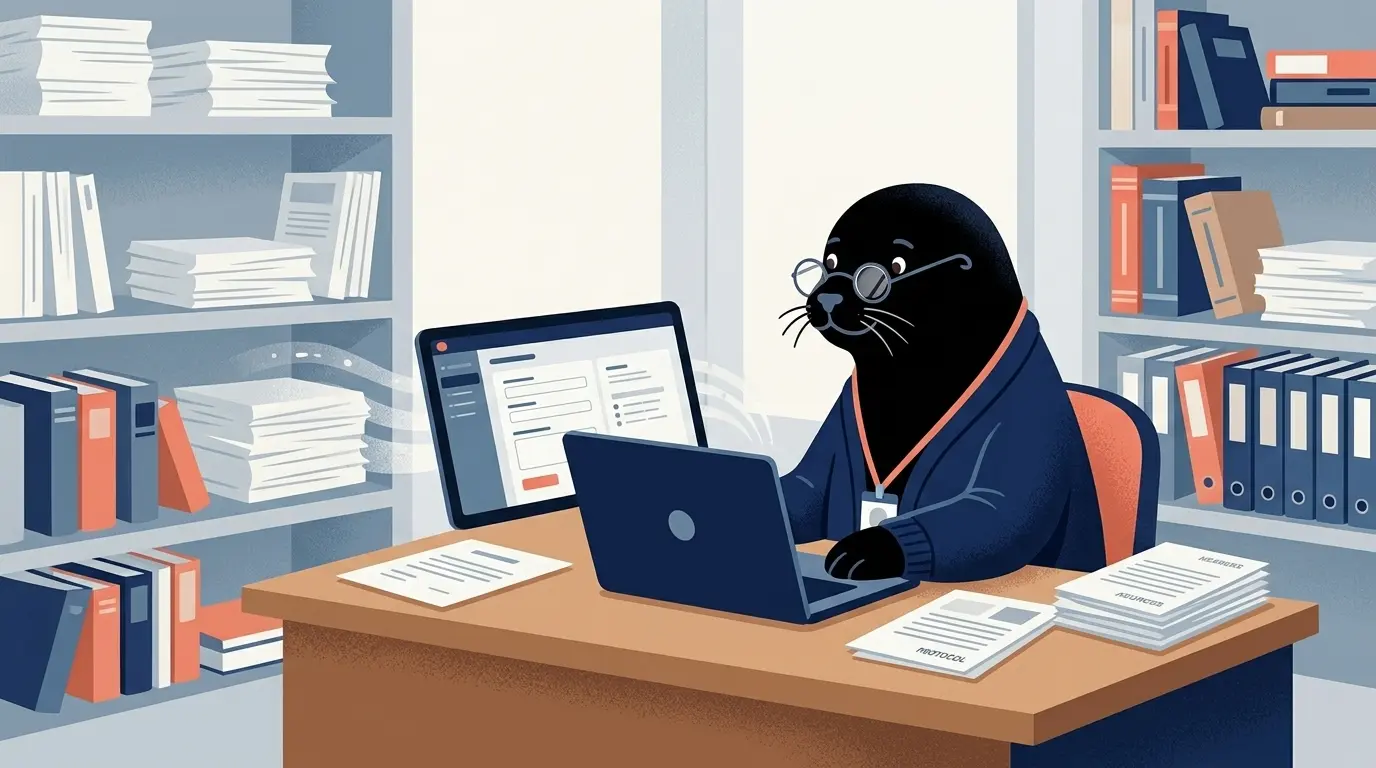 Harbor's seal mascot working as an academic researcher at a university desk