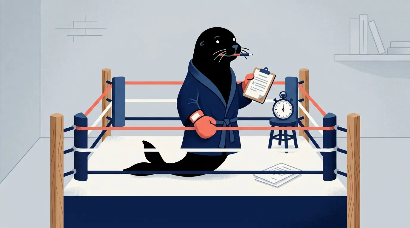 Harbor's seal mascot in a boxing ring with a clinical trial clipboard