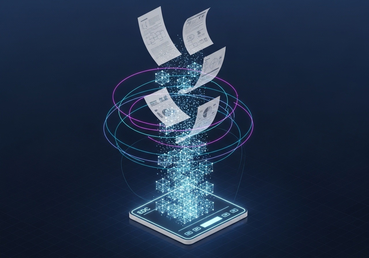 Isomisometric 3d render of translucent sheets of paper floating upward, transforming mid-air into luminous structured data cubes that flow seamlessly into a glowing edc interface below. motion lines suggest effortless automation. cyan and magenta data streams interweave, forming a halo over the interface. background is deep navy with faint gridlines fading to horizon. visual mood: precision, lightness, inevitability.