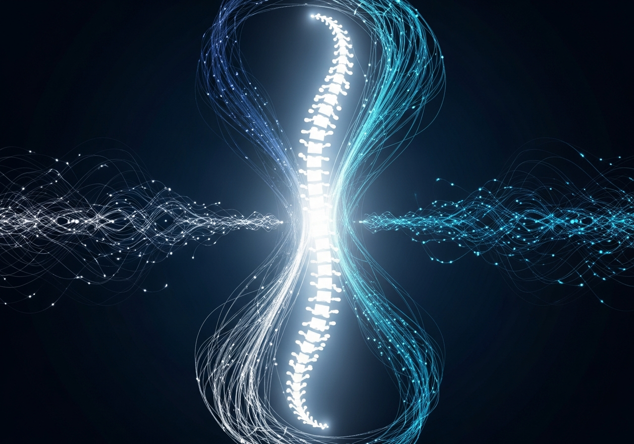 abstract digital illustration symbolizing collaboration between two advanced clinical research teams. flowing data lines converge into a central glowing spine motif, representing the partnership between ai and pain & spine research. cool gradient tones of navy, azure, and white with subtle motion blur to evoke speed and precision. minimal, modern composition consistent with a tech company blog hero image — no people, no logos, just elegant geometric abstraction of connection, intelligence, and trust.